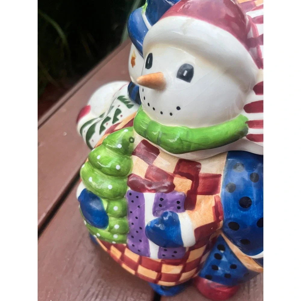 Vintage Christmas Snowman Trio Ceramic Cookie Jar Hand Painted Holiday Decor